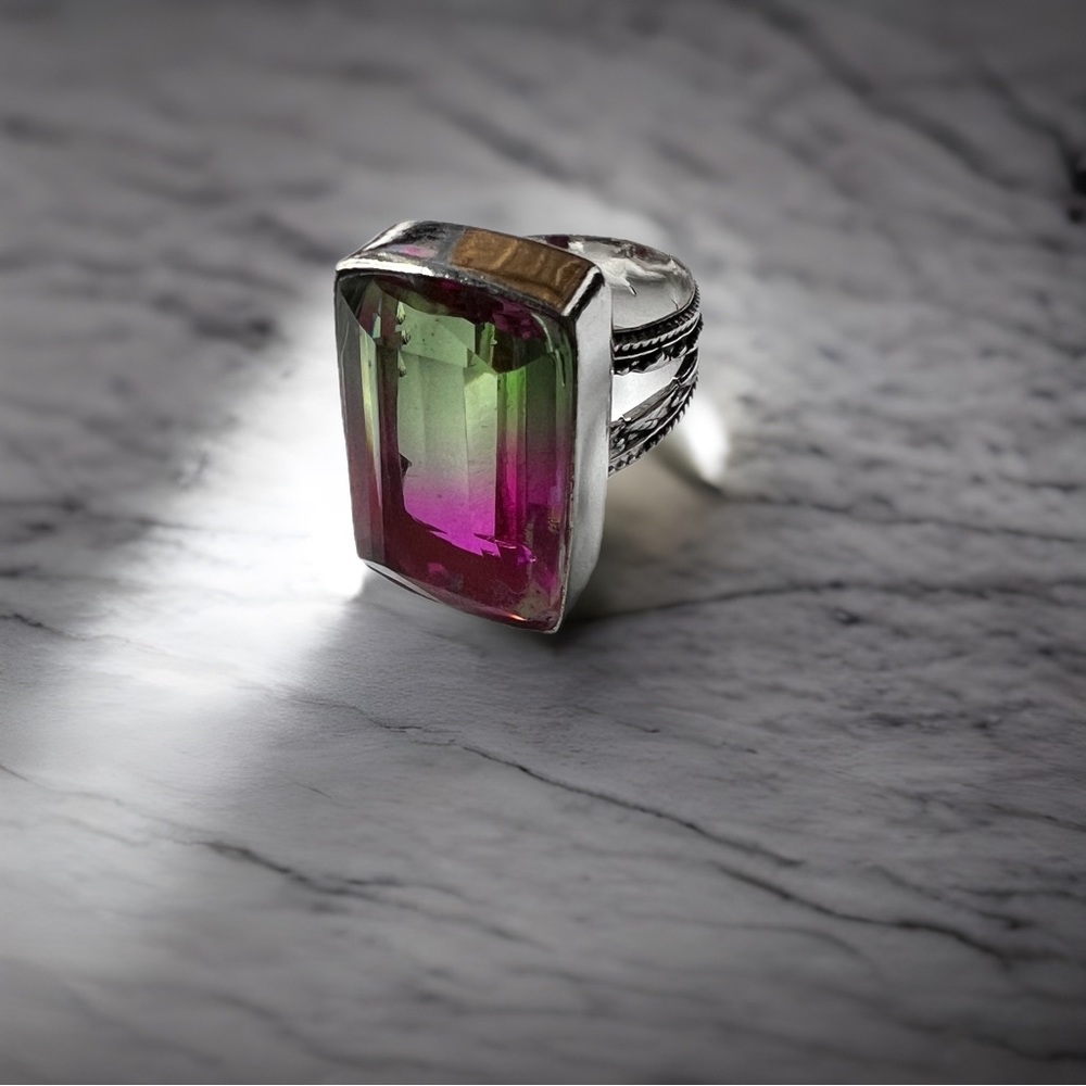 Bi-Color Tourmaline Gemstone 925 Sterling Silver Ring Size 10